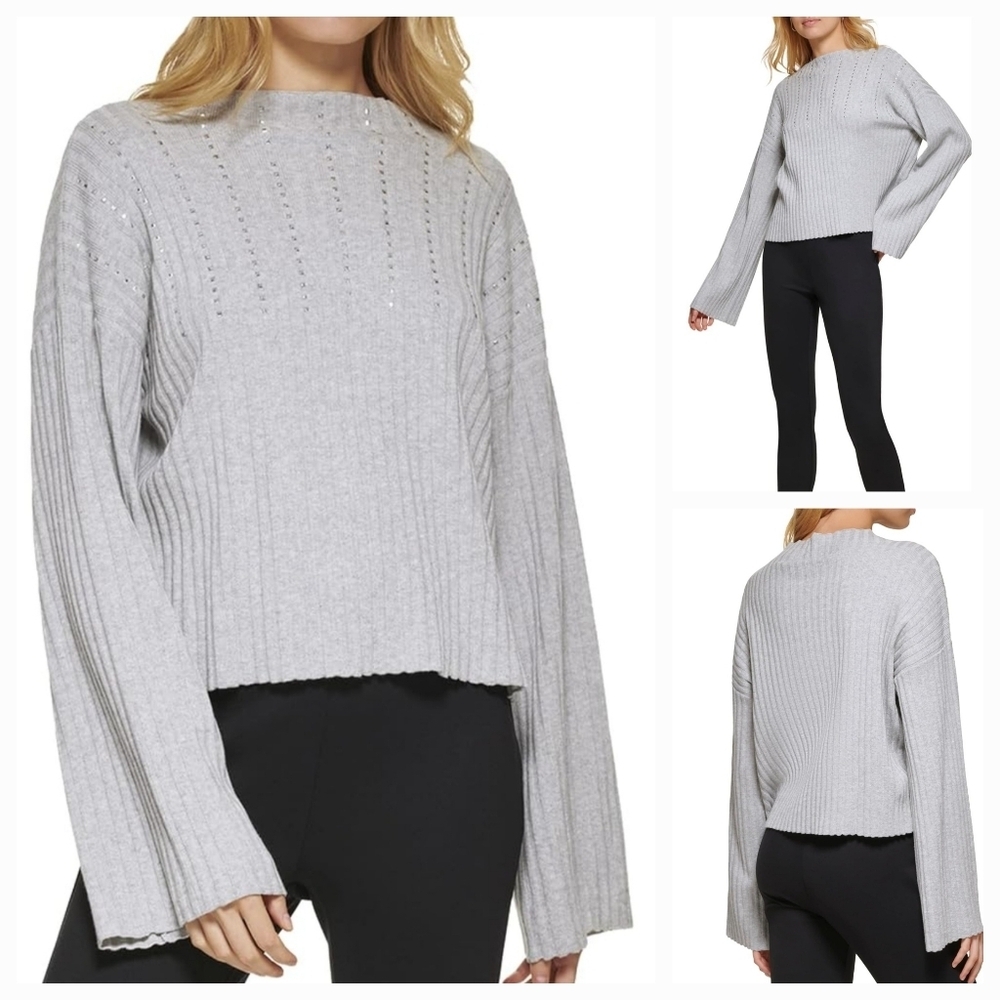 DKNY Women's Ribbed Bell Studded Gray Bell Sleeve Sweater Size XL NEW
